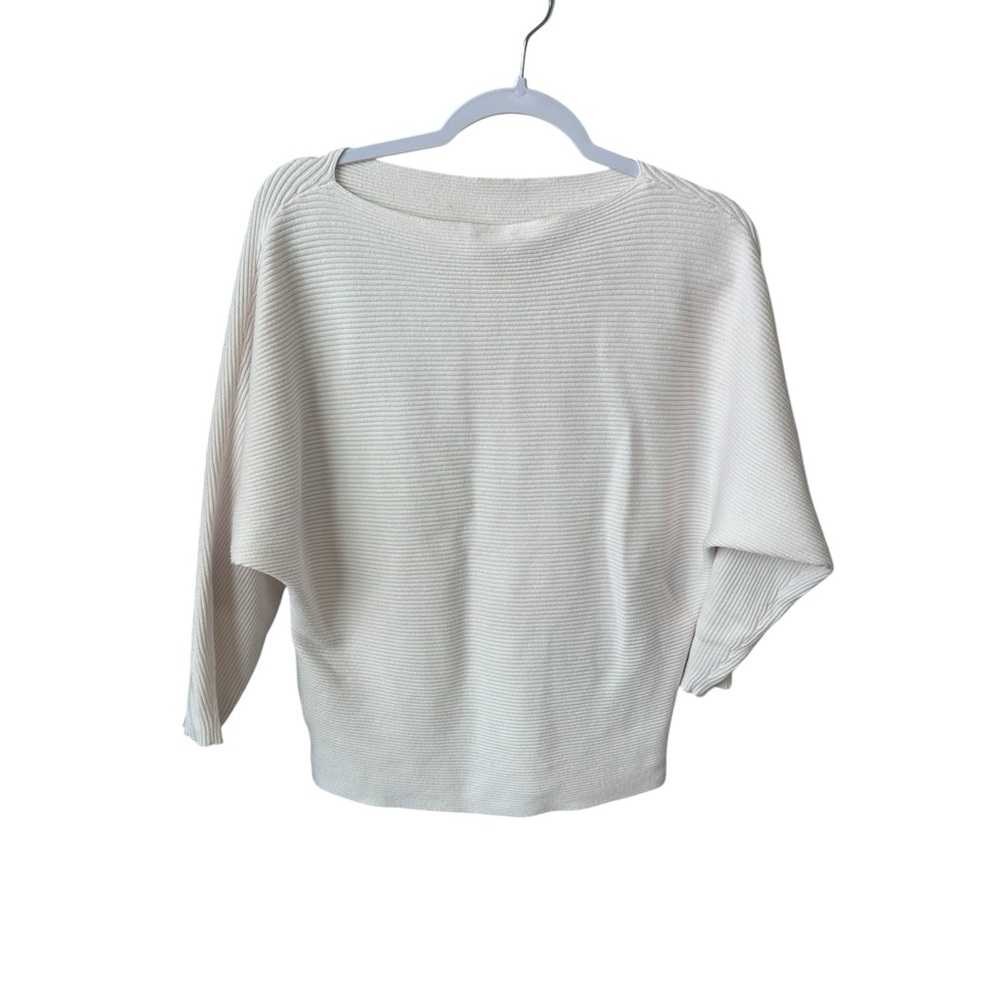 Cream Ribbed Knit Sweater Women Boat Neck Batwing Sleeve Pullover Off-White
